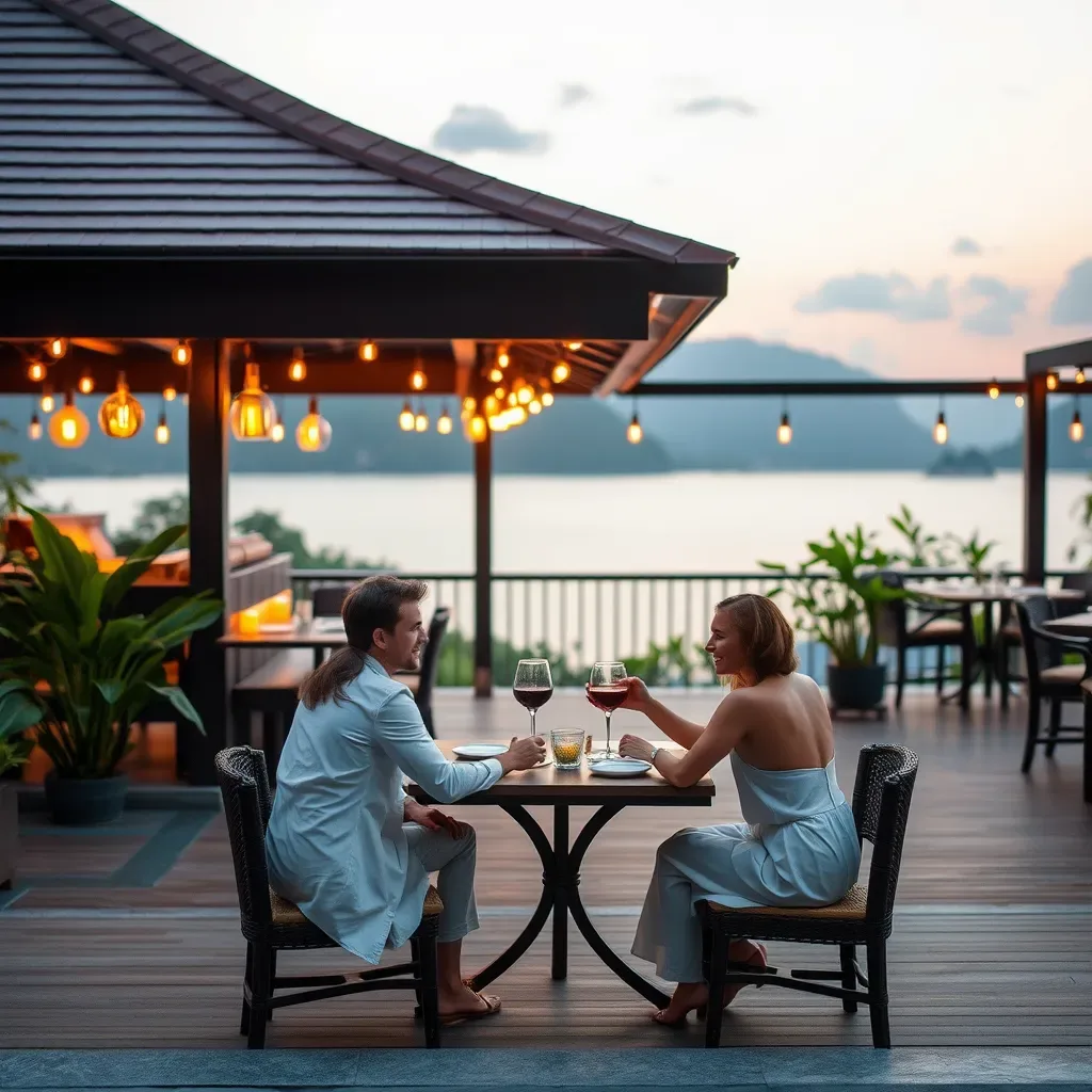Rooftop infinity-pool dining deck at sunset, one of the most romantic restaurants Phuket has
