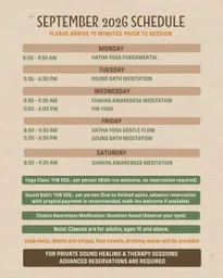 September 2026 Schedule: Yoga, Sound Bath & Chakra Awareness Meditation